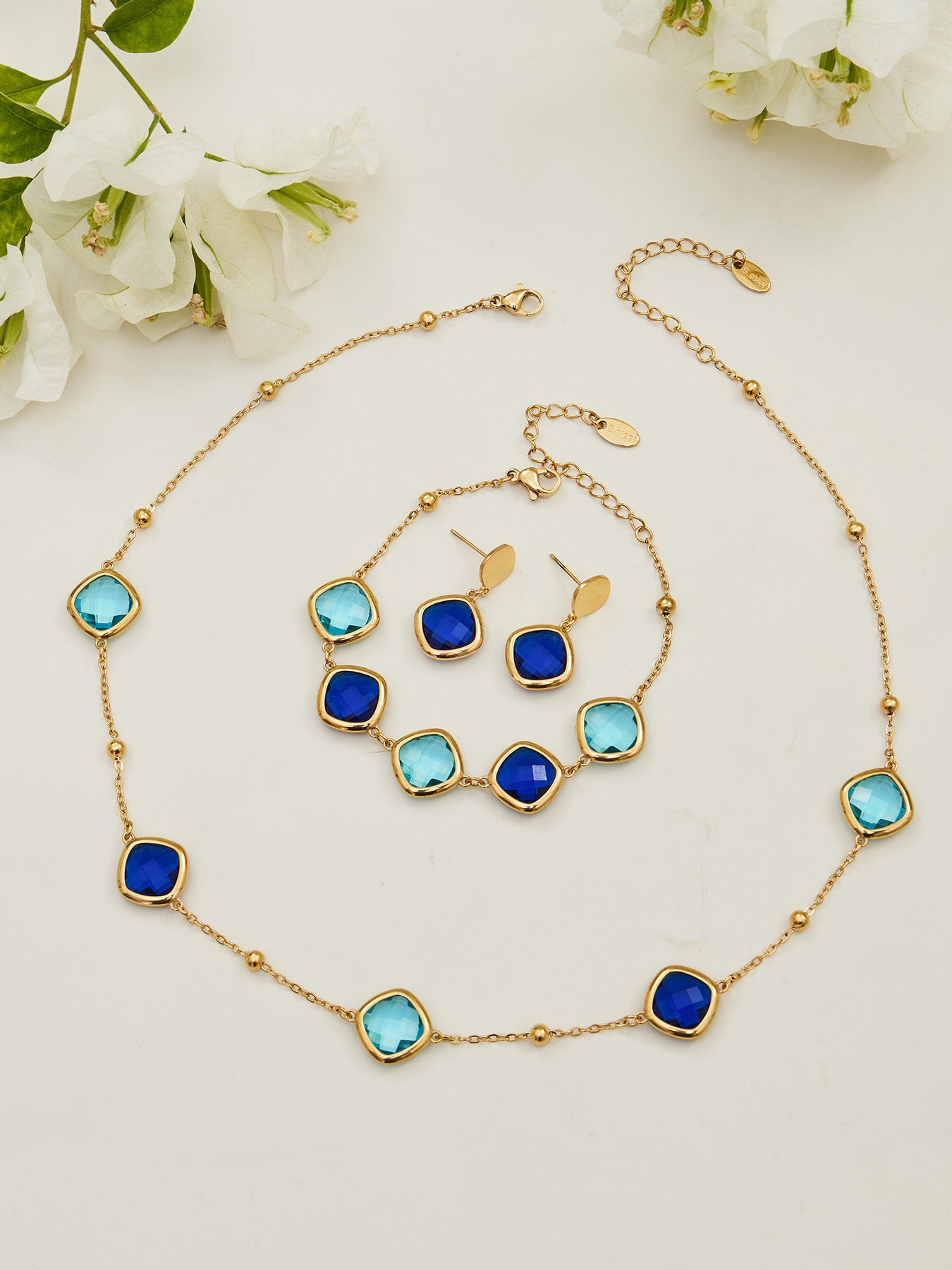 B廠【TXP512】不銹鋼正方形切面玻璃石手鍊項鍊耳環套裝歐美風潮酷氣質珠寶首飾
 25.12-2