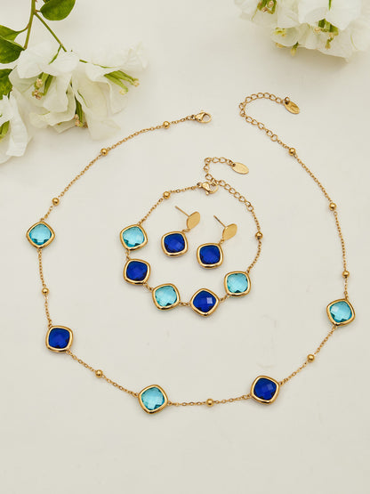 B廠【TXP512】不銹鋼正方形切面玻璃石手鍊項鍊耳環套裝歐美風潮酷氣質珠寶首飾
 25.12-2