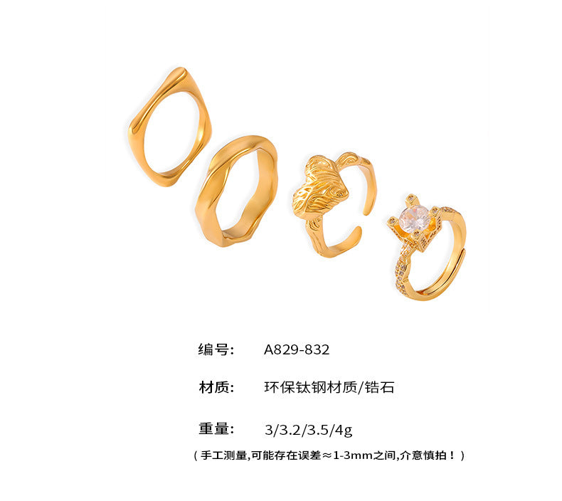 B廠【A829】法式復古百搭設計感幾何鑲嵌鋯石戒指鈦鋼鍍18k金指環保色飾品女 24.05-4