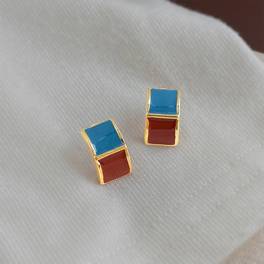 A廠【7298】時尚高級感撞色方形幾何琺瑯滴釉彩繪新款個性甜美耳飾耳環女
 26.01-1