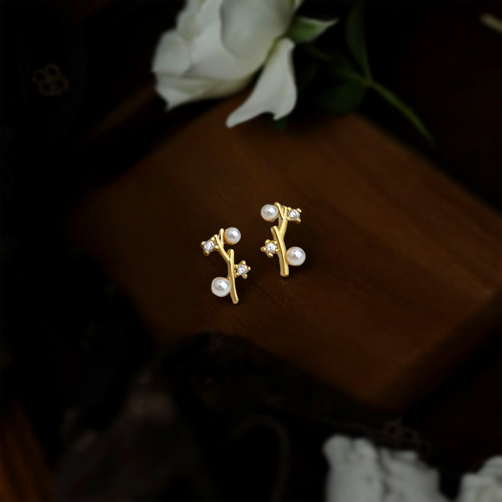 A廠【5206】微鑲鋯石鍍銀針鍍14K時尚簡約個性樹枝小耳環女通勤百搭耳飾
 26.05-3