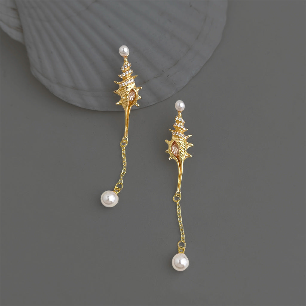 A廠【7336】原創時尚高級感微鑲鋯石S925銀針長款海螺新款耳環飾品耳飾女
 26.03-2