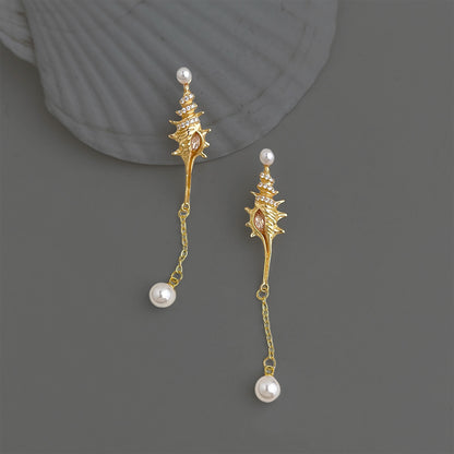 A廠【7336】原創時尚高級感微鑲鋯石S925銀針長款海螺新款耳環飾品耳飾女
 26.03-2