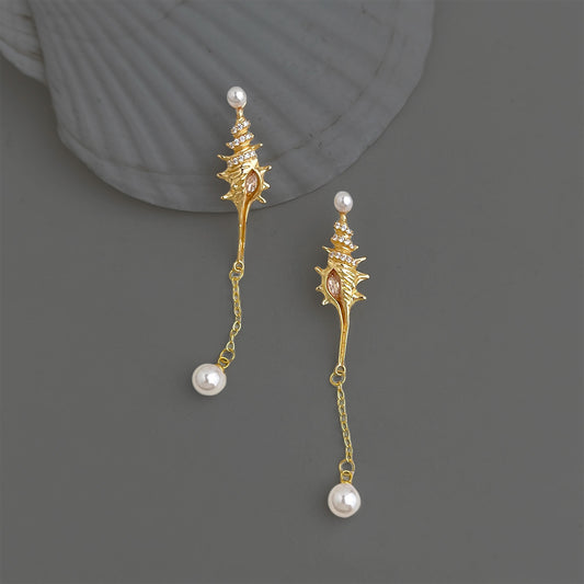 A廠【7336】原創時尚高級感微鑲鋯石S925銀針長款海螺新款耳環飾品耳飾女
 26.03-2