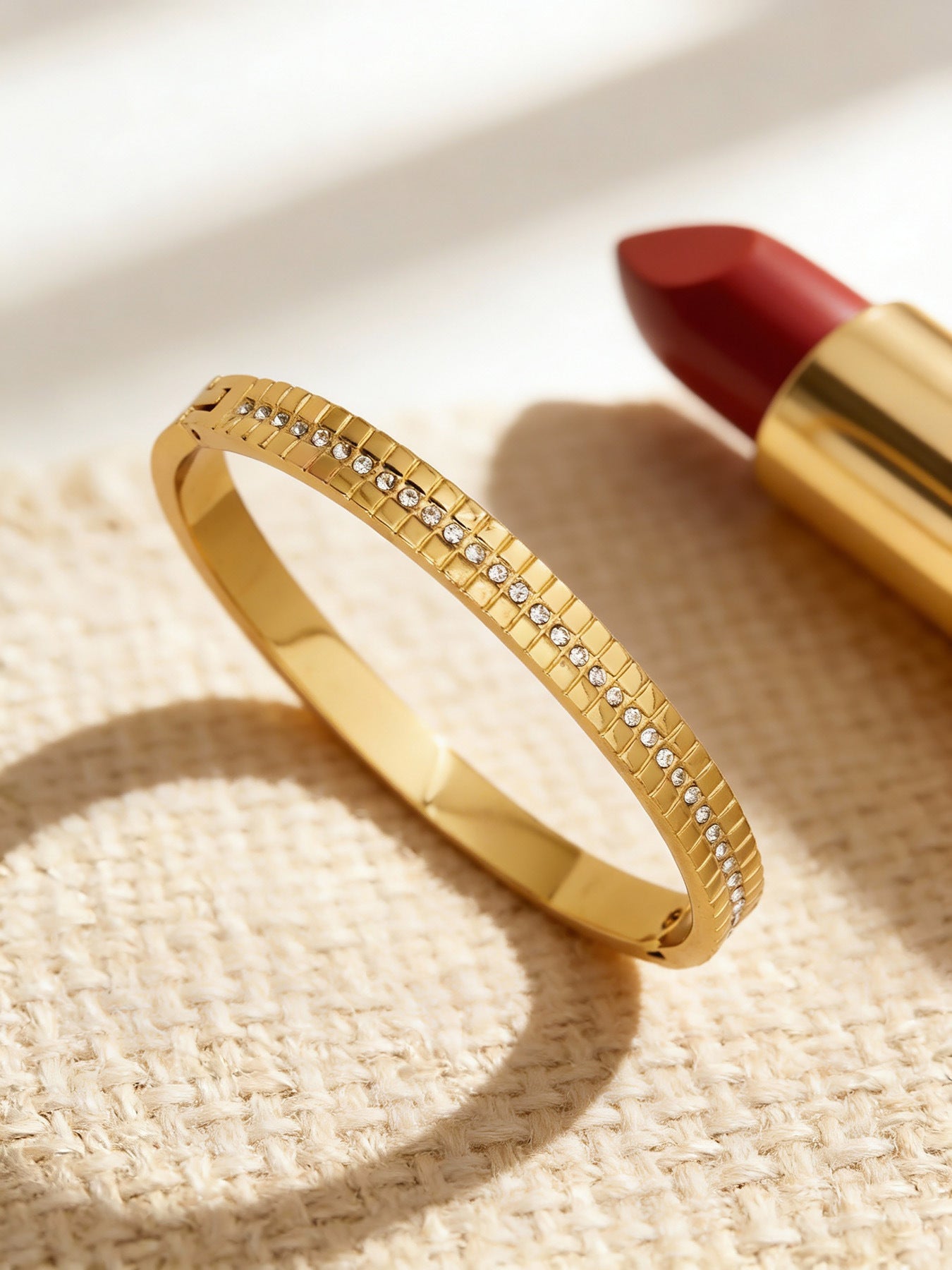 B廠【Z512】不鏽鋼單排鑽鋯石卡扣手鐲組合歐美時尚潮酷手飾鍍18k金不掉色
 25.12-2