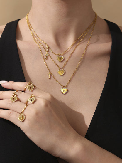 B廠【TXP299】歐美不銹鋼5A鋯石愛心鎖頭鑰匙棍吊墜鎖骨項鍊戒指飾品套裝 25.07-2