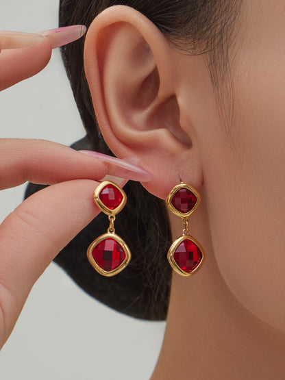 B廠【TXP517】不銹鋼方形切麵包邊玻璃石吊墜耳環項鍊手鍊珠寶首飾套裝鍍18k金
 25.12-2