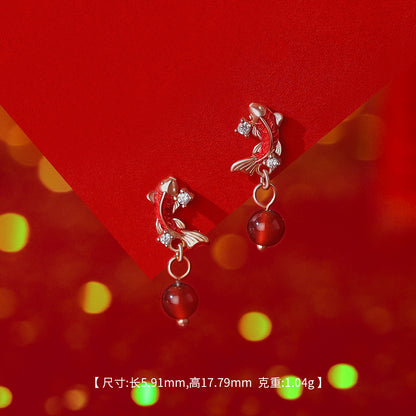 D廠【YC2289N】原創足銀S999紅瑪瑙白玉髓錦鯉平安扣項鍊個性手鍊國風耳環
 25.12-1