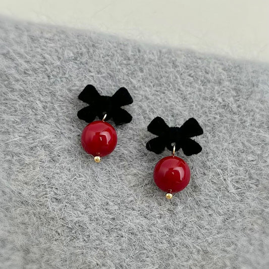 A廠【7290】秋冬植絨蝴蝶結圓球耳環復古氣質耳環高級感網紅耳飾品
 25.12-4