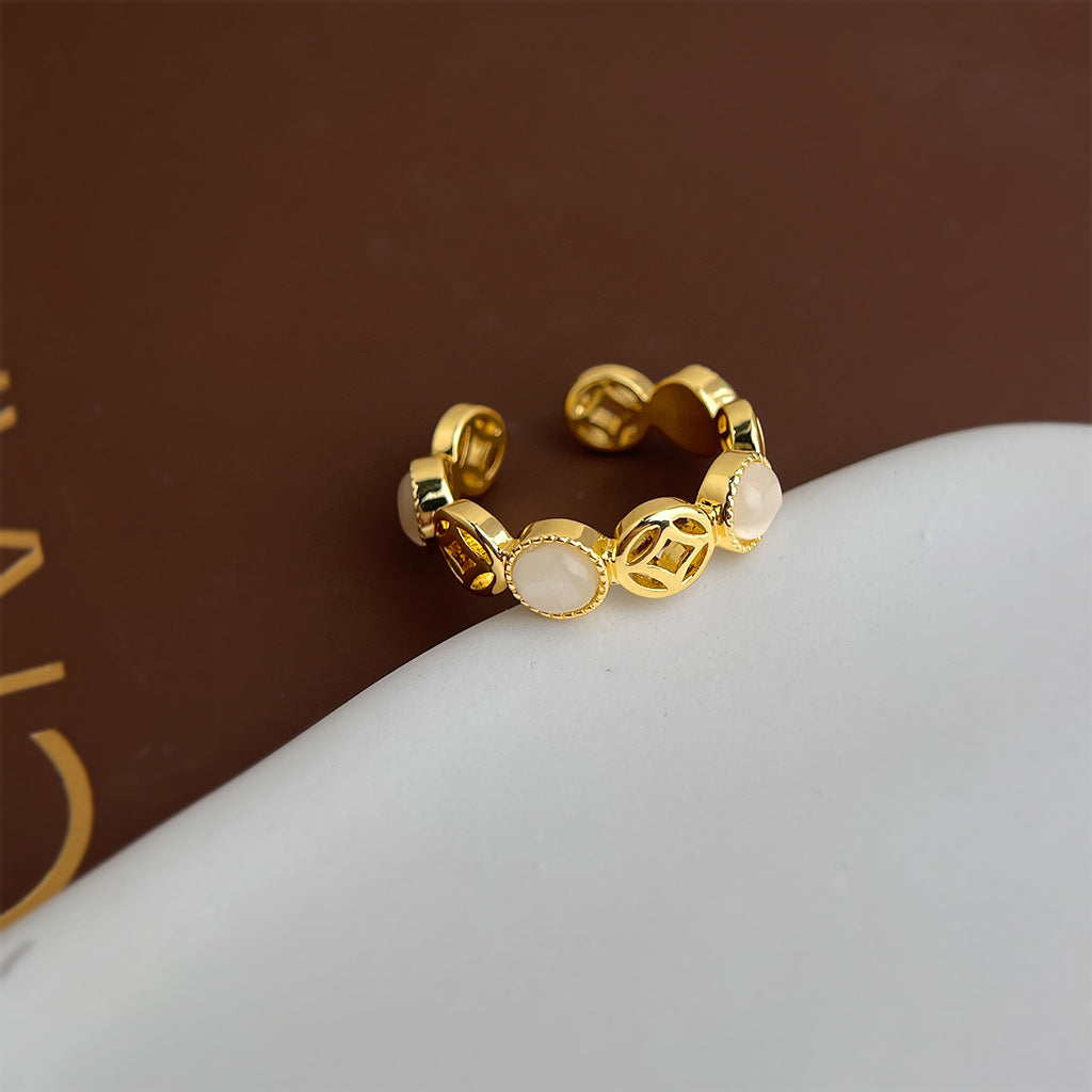 A廠【7241】【八方來財】厚鍍真金保色玻璃貓眼石戒指開口可調指環手飾 25.12-3