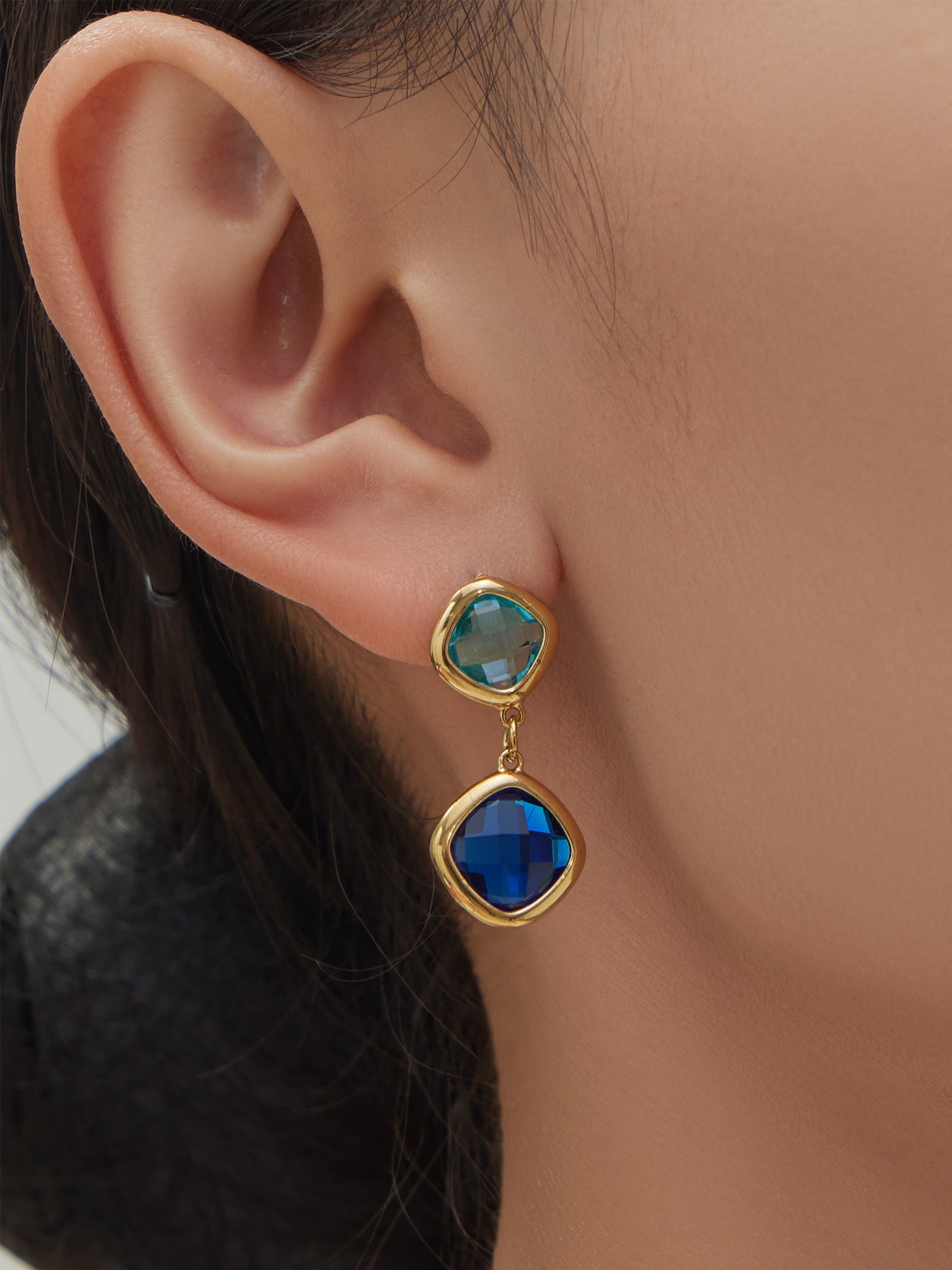 B廠【TXP517】不銹鋼方形切麵包邊玻璃石吊墜耳環項鍊手鍊珠寶首飾套裝鍍18k金
 25.12-2