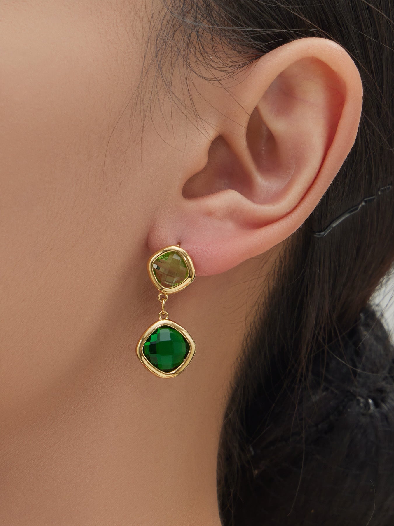 B廠【TXP517】不銹鋼方形切麵包邊玻璃石吊墜耳環項鍊手鍊珠寶首飾套裝鍍18k金
 25.12-2