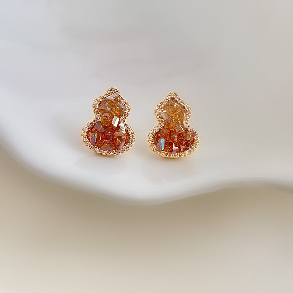 C廠【6949】閉眼入！好賣！微鑲鋯石925銀針水晶葫蘆耳環橙色漸變香檳色耳飾
 25.10-4