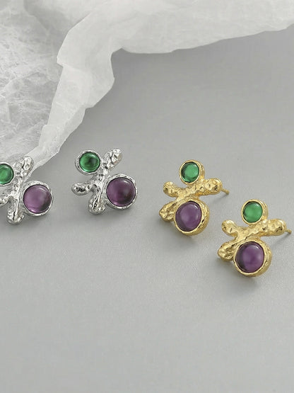 B廠【F058】ins小眾輕奢設計感紅綠寶石幾何耳環歐美跨國時尚耳環不鏽鋼鍍金
 26.02-1