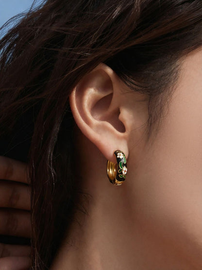 B廠【F1156】新中式琺瑯彩釉印花圓圈耳扣不銹鋼鍍18k真金彩色滴油花朵耳環女
 25.12-4