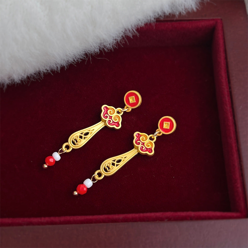 A廠【7214】新年款玉如意琺瑯手工彩繪滴釉紅色新款耳飾長款國潮耳環飾品
 25.12-2