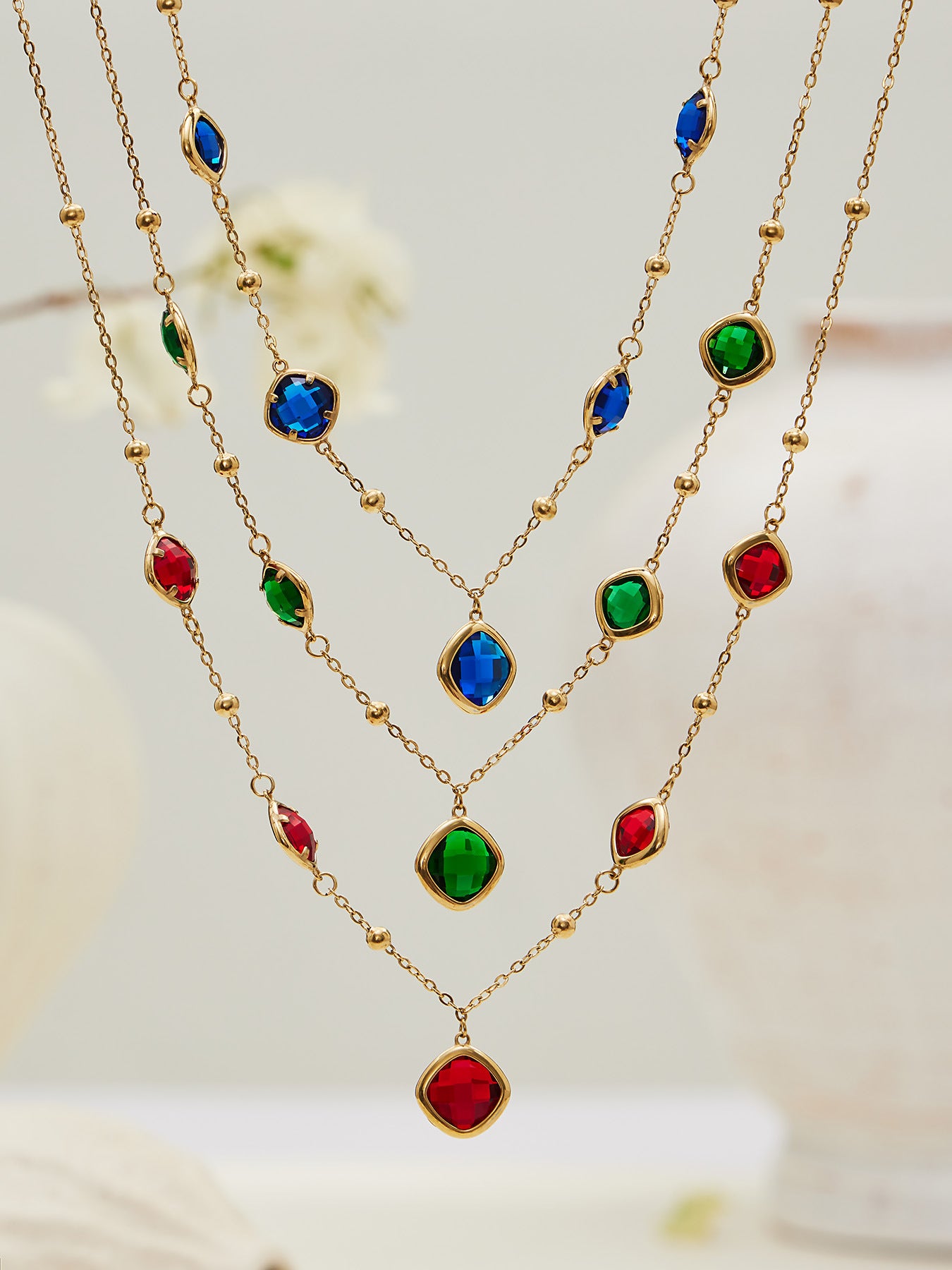 B廠【TXP517】不銹鋼方形切麵包邊玻璃石吊墜耳環項鍊手鍊珠寶首飾套裝鍍18k金
 25.12-2