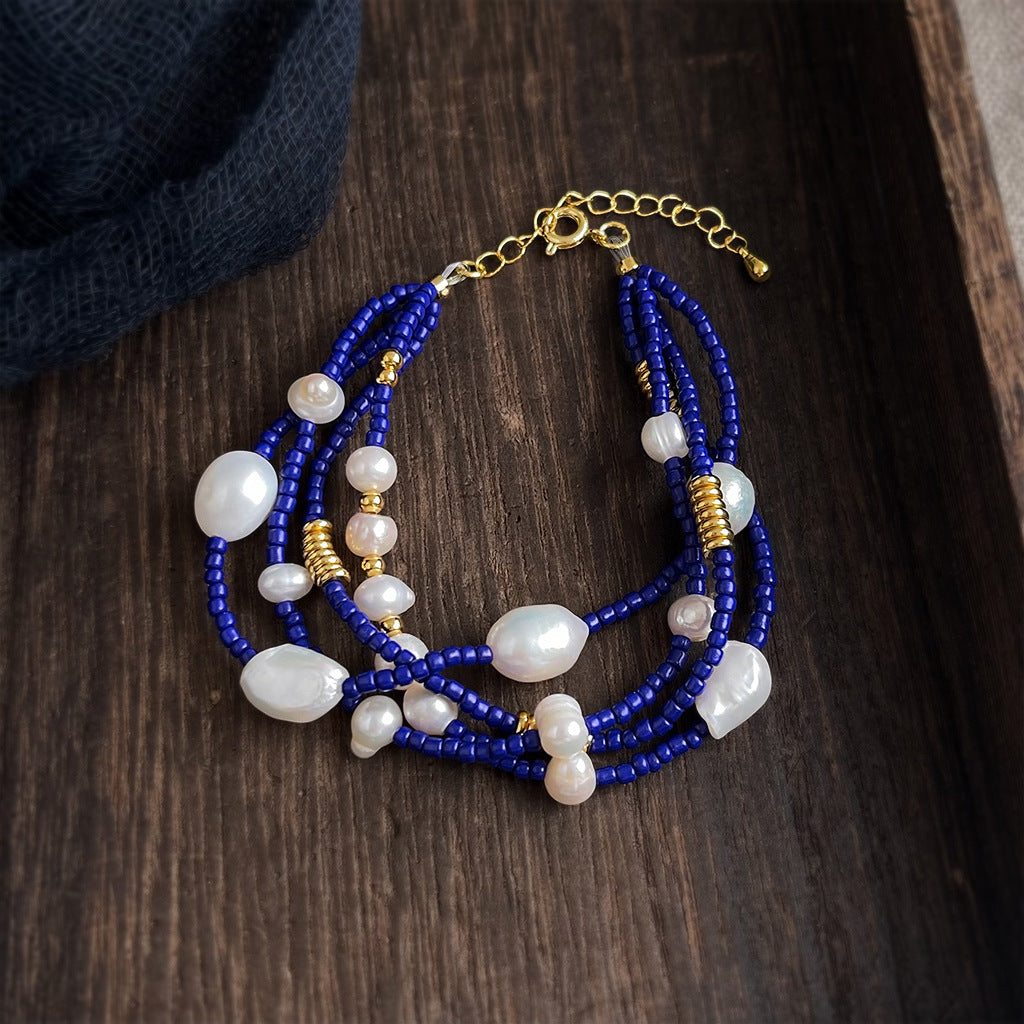 A廠【7824】天然淡水珍珠中古風藍色玻璃水晶米珠四層疊戴手鍊手飾 26.07-2