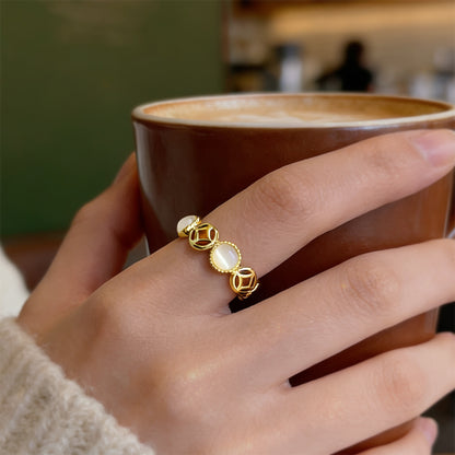 A廠【7241】【八方來財】厚鍍真金保色玻璃貓眼石戒指開口可調指環手飾 25.12-3