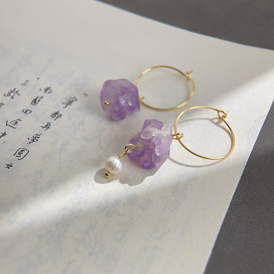 A廠【3911】天然石紫水晶手工藝設計感淡水珍珠不對稱個性耳環女甜美氣質耳環女
 26.04-3