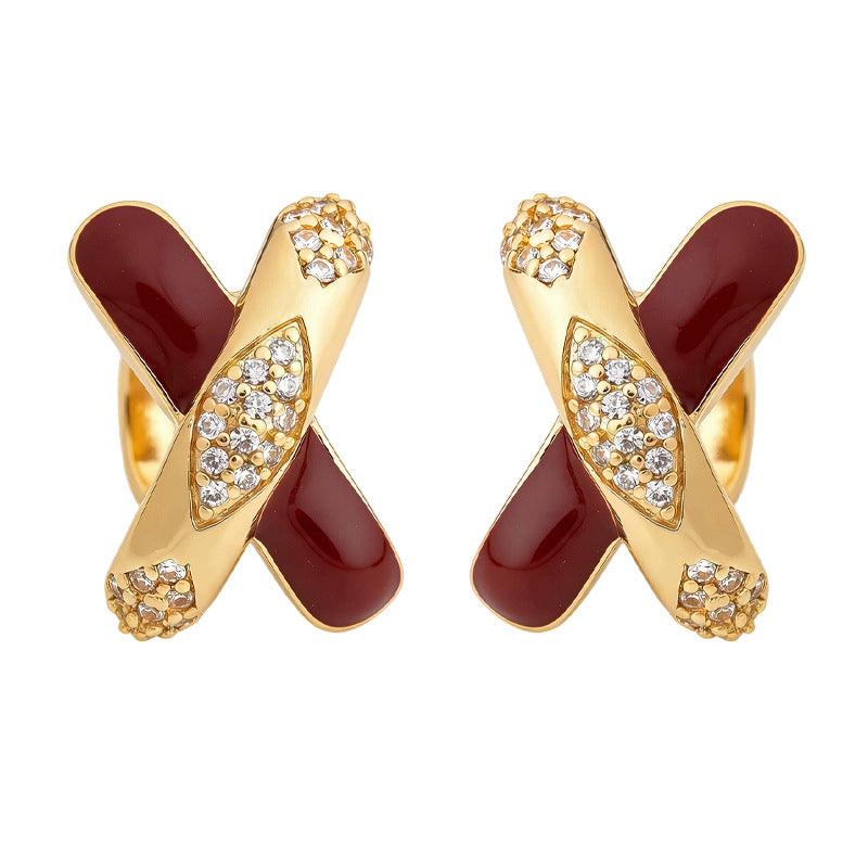 A廠【7229】時尚高級感微鑲鋯石s925銀針琺瑯滴釉酒紅色新款個性叉叉耳環耳飾
 25.12-2