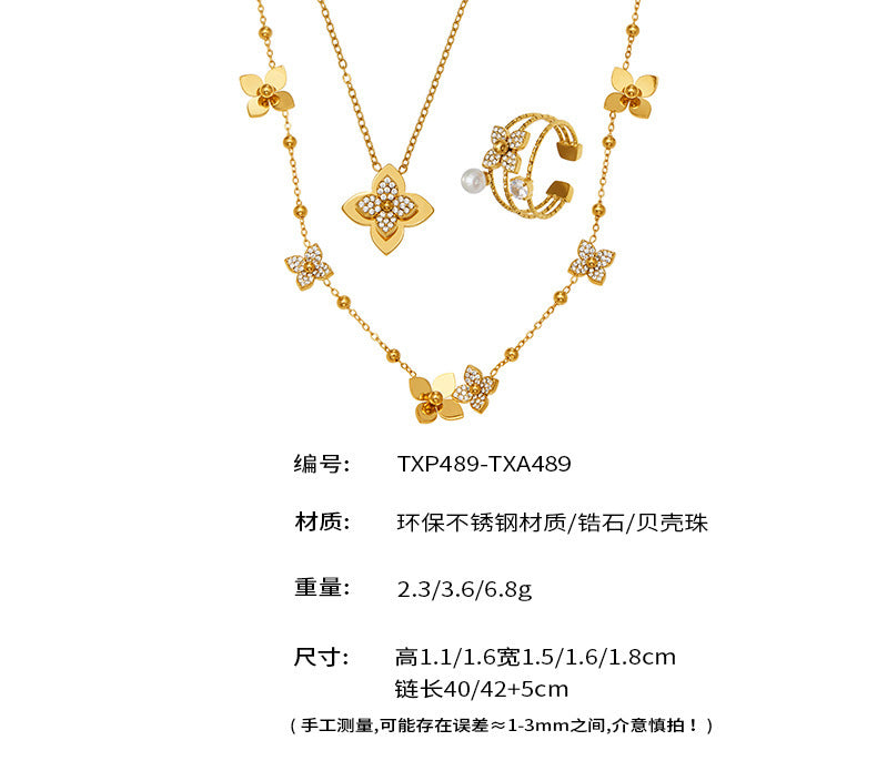 B廠【TXP489】熱銷新品重十字夾珠鬱金香花朵鑲鋯石滿鑽鎖骨項鍊戒指套裝
 25.11-4