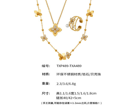 B廠【TXP489】熱銷新品重十字夾珠鬱金香花朵鑲鋯石滿鑽鎖骨項鍊戒指套裝
 25.11-4
