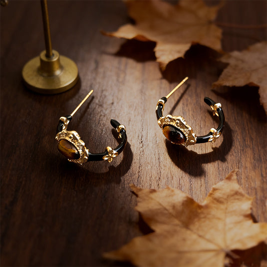 A廠【7238】原創美拉德風格天然石虎眼石琺瑯滴釉黑金色圓形復古耳環
 25.12-3