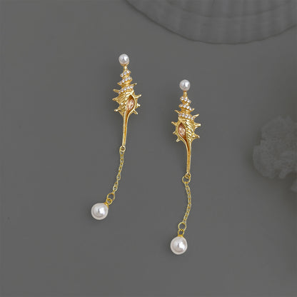 A廠【7336】原創時尚高級感微鑲鋯石S925銀針長款海螺新款耳環飾品耳飾女
 26.03-2