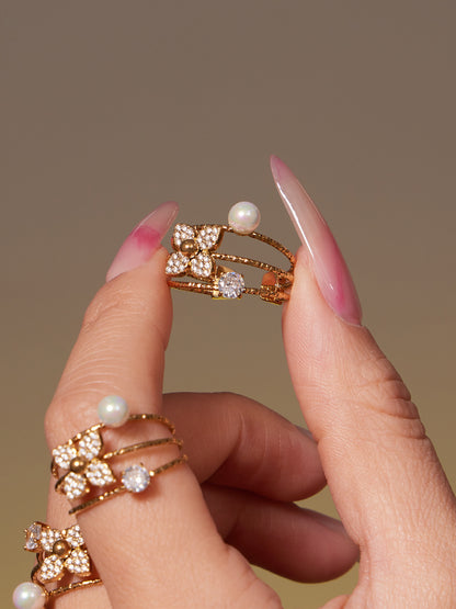 B廠【TXP489】熱銷新品重十字夾珠鬱金香花朵鑲鋯石滿鑽鎖骨項鍊戒指套裝
 25.11-4