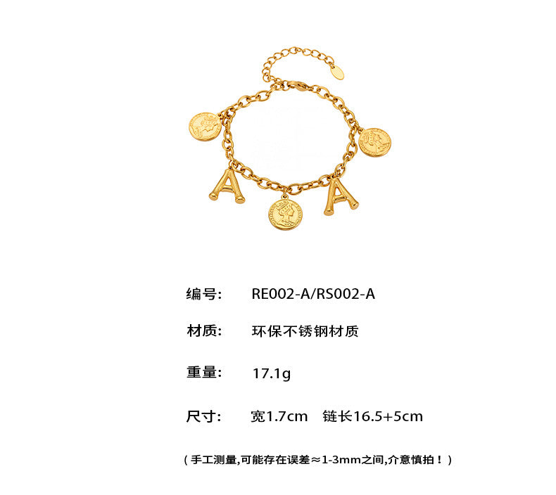 B廠【RE002】歐美飾品不鏽鋼26個字母伊莉莎白女王圖像手鍊鍍18k金色保色 25.07-3