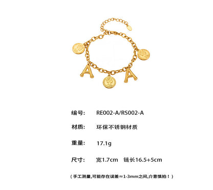 B廠【RE002】歐美飾品不鏽鋼26個字母伊莉莎白女王圖像手鍊鍍18k金色保色 25.07-3