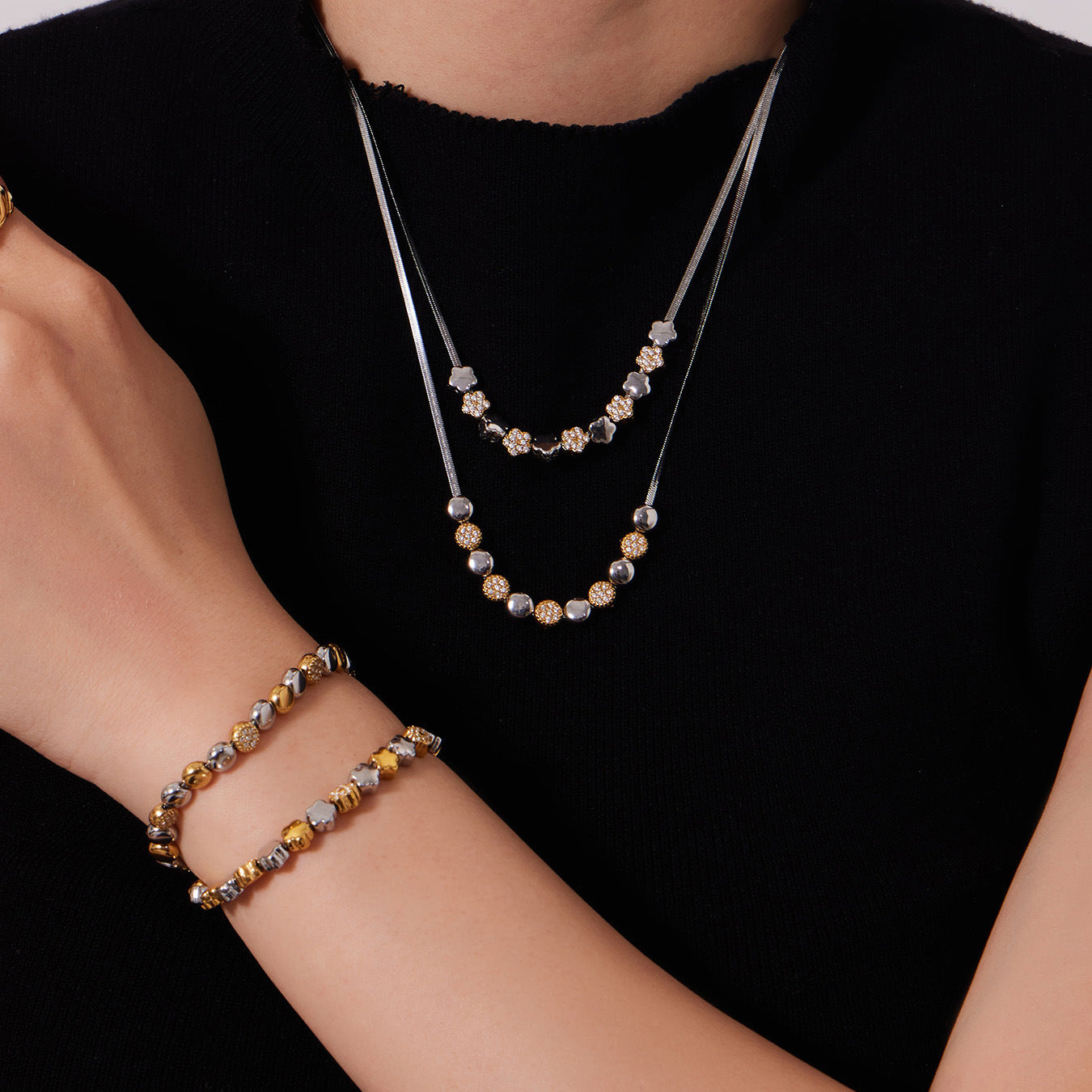 B廠【TXP102】歐美ins時尚小眾設計微鑲鋯石五角星拼色項鍊手鍊套裝不銹鋼飾品
 26.03-2