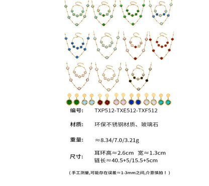 B廠【TXP512】不銹鋼正方形切面玻璃石手鍊項鍊耳環套裝歐美風潮酷氣質珠寶首飾
 25.12-2