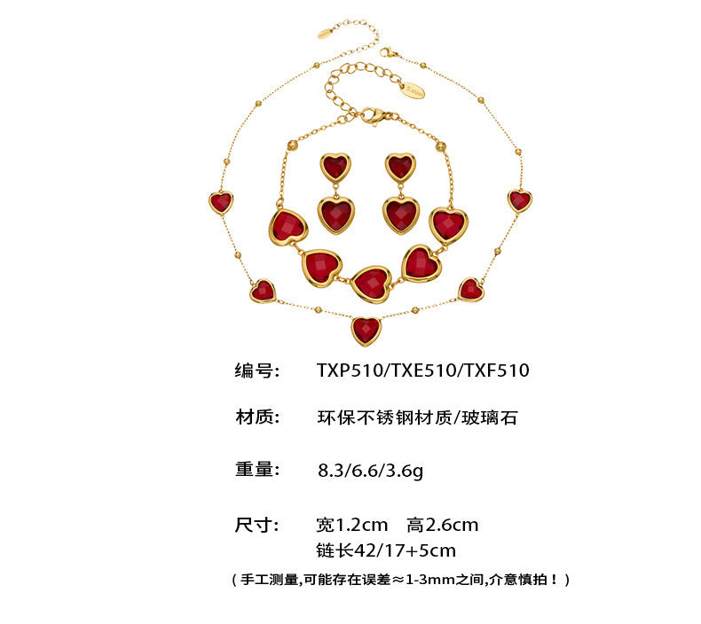 B廠【TXP510】不鏽鋼愛心切麵包邊玻璃石鋼珠項鍊手鍊耳環組鍍18k真金不掉色
 25.12-2