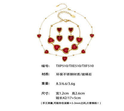 B廠【TXP510】不鏽鋼愛心切麵包邊玻璃石鋼珠項鍊手鍊耳環組鍍18k真金不掉色
 25.12-2