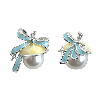 A廠【7620】原創設計溫柔甜美不對稱個性小眾設計蝴蝶結琺瑯彩繪珍珠耳飾耳釘
 26.05-4