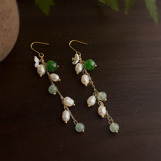 A廠【6387】淡水珍珠天然石原創長款流蘇花耳環國潮新中式復古耳環飾品女
 26.02-1