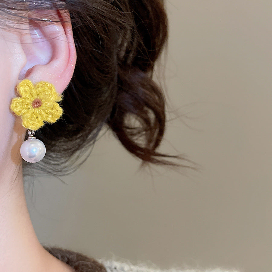 A廠【HE29266】925銀針針織花朵珍珠耳環秋冬溫柔甜美氣質耳環輕奢高級感新款耳環女
 25.11-2