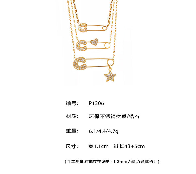 B廠【P1306】歐美飾品不鏽鋼迴紋針帶鑽星星吊墜鎖骨項鍊小眾設計感頸鍊
 25.09-2