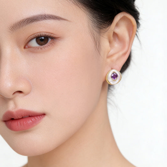 A廠【7464】時尚高級感鑲嵌鋯石紫色氣質優雅幾何曲面圓形耳環耳飾女
 26.04-1