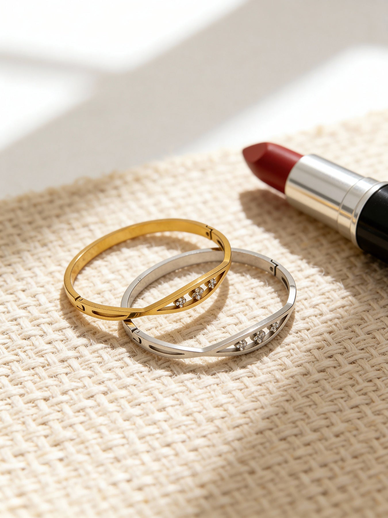 B廠【Z512】不鏽鋼單排鑽鋯石卡扣手鐲組合歐美時尚潮酷手飾鍍18k金不掉色
 25.12-2