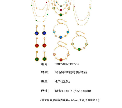 B廠【TXP509】不銹鋼四葉花鑲鋯石切面包邊石頭手鍊長款毛衣鏈項鍊耳環首飾套裝
 25.12-1