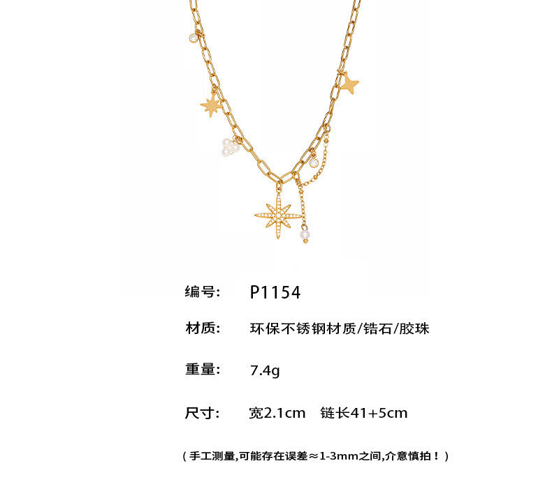 B廠【P1154】超閃八芒星5A鋯石吊墜手工鏈鎖骨項鍊不鏽鋼鍍18k真金飾品
 25.11-4