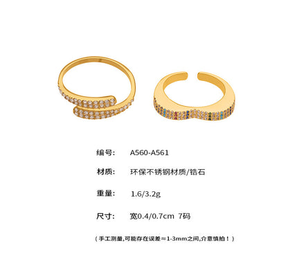 B廠【A560】超閃滿鋯不鏽鋼開口戒指組合鍍18k真金時尚輕奢尾戒不掉色
 25.10-1