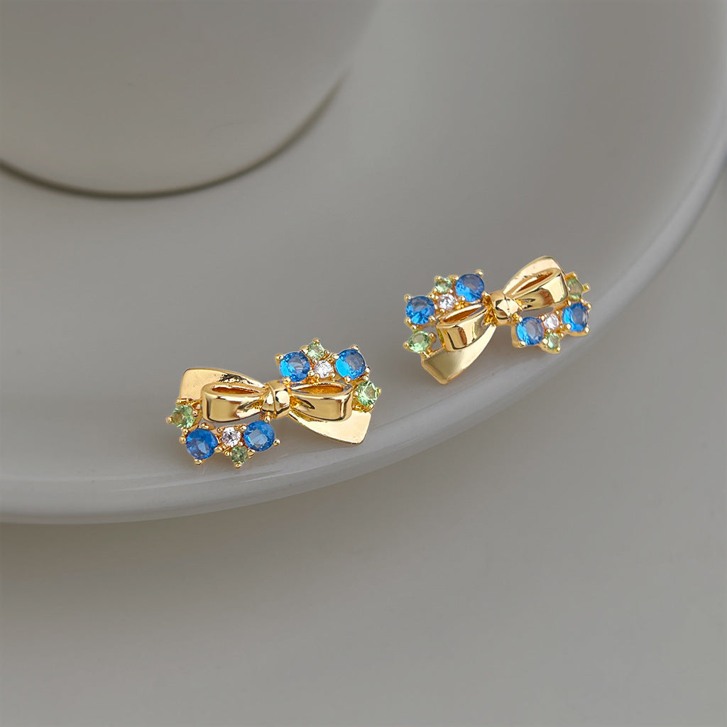 A廠【7441】原創海藍寶色鋯石蝴蝶結銀針耳環時尚高級感新款耳環女
 26.03-4