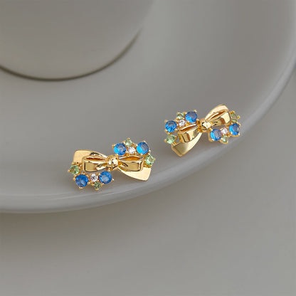 A廠【7441】原創海藍寶色鋯石蝴蝶結銀針耳環時尚高級感新款耳環女
 26.03-4