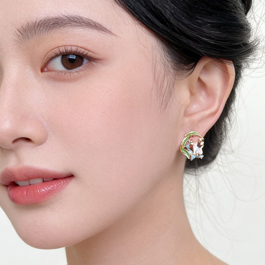 A廠【7480】貓與蘭花~原創設計彩繪微鑲鋯石鍍銀針小眾清新甜美可愛耳飾耳環
 26.04-3