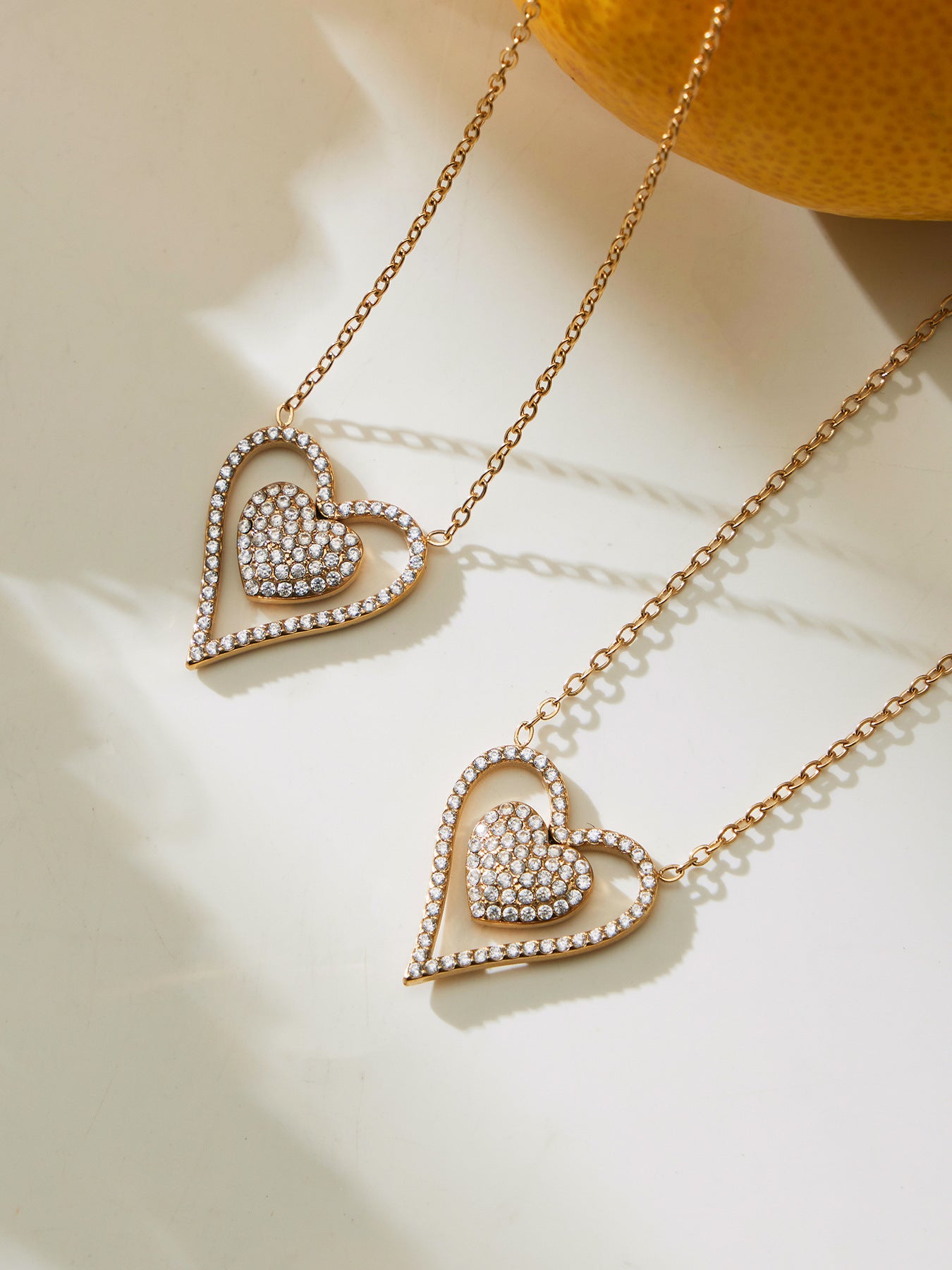 B廠【P874】跨境新款靈動愛心滿鑽鋯石吊墜雙層鎖骨項鍊不鏽鋼鍍18k金
 25.11-4