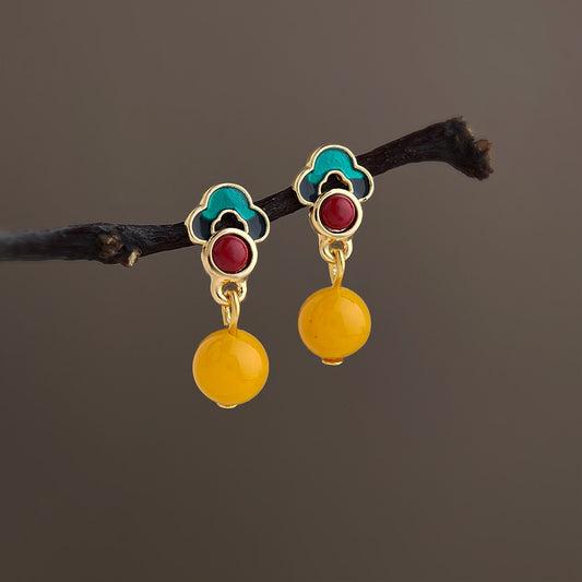 A廠【7405】文藝復古宮廷手工彩繪琺瑯滴釉合成蜜蠟耳環古風氣質高級感耳飾女
 26.02-1